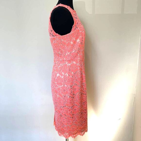 VINCE CAMUTO Pink Salmon Lace Overlay Sheath Dress Floral Sleeveless Size 10 - Picture 4 of 15